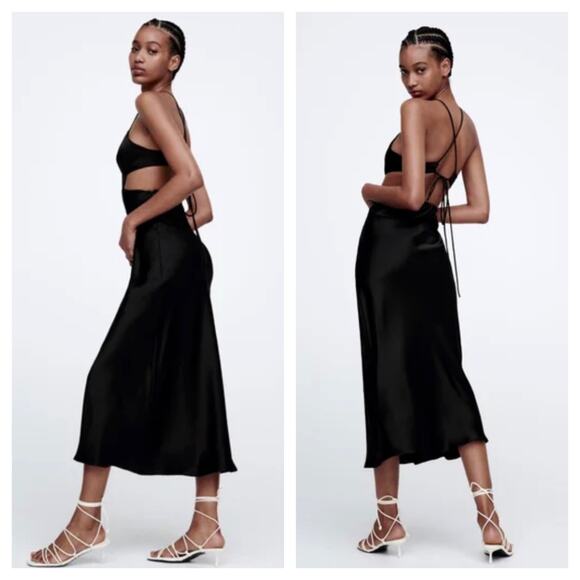 Zara Black Satin Cut Out Slip Maxi Dress Small Tie Back Cocktail Formal Wedding - Picture 13 of 13